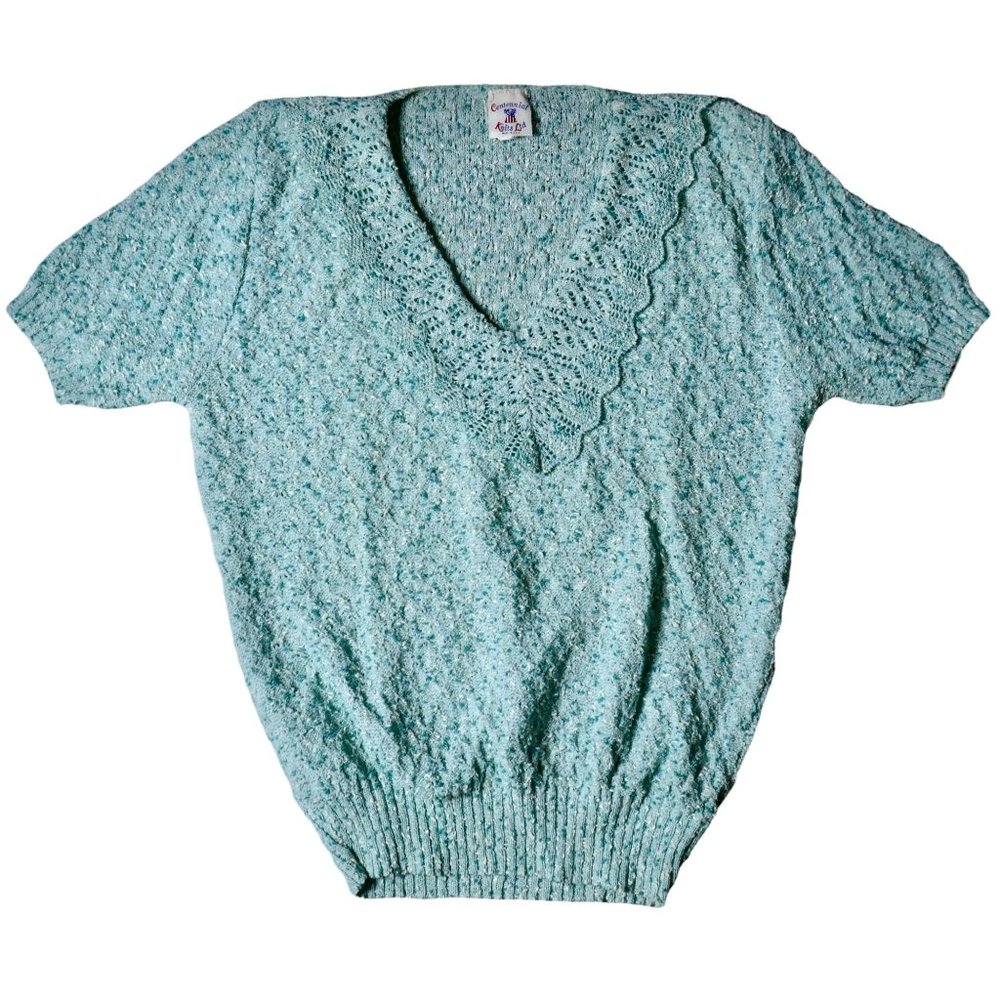Vintage 1970s Centennial Knits LTD USA Made Blue Smocked V-Neck Short Sleeve Top